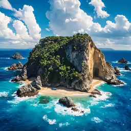 an island with three smaller islands surrounded by blue water