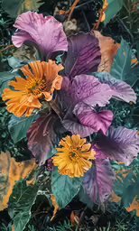 purple, orange and yellow flowers in the leaves