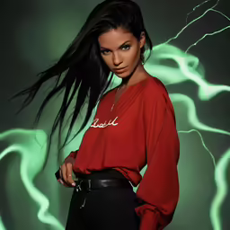the woman is wearing black pants and a red top