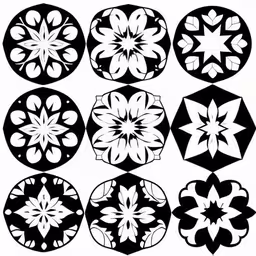 a black and white image with nine circular designs,the pattern has four different flowers on one side and one is in different colors,a bunch of flowers in different shapes,black and white flowers with leaves on them,different styles of flower patterns on black and white background