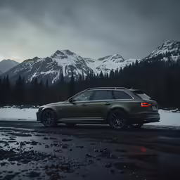 a dark and snowy scene of a car