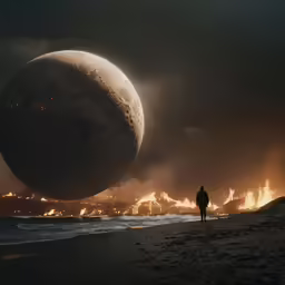 a man looking at an object floating on fire