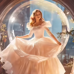 woman in a dress with white frock behind a crystal ball