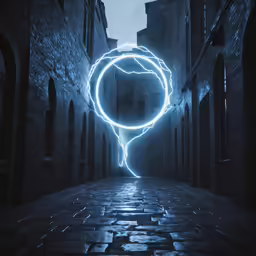 the light is swirling around an electric disk in a city alleyway