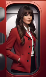 the woman is posing while standing behind a door
