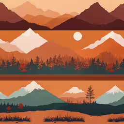a landscape that is in the middle of three separate images,an art print depicting mountains, trees and sky