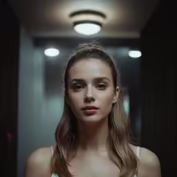 a woman with a long hair and brown eyes is standing in a hallway