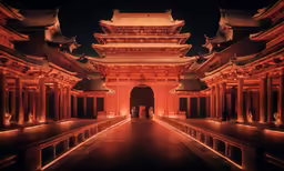 an elaborate courtyard with lights and decorations around it