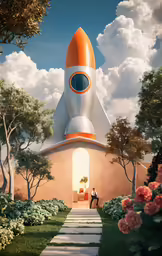 a futuristic rocket ship in the middle of flowers