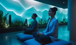 people sitting on bean bags meditating in an outdoor space