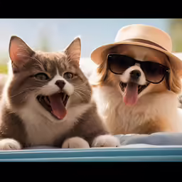 two dogs and a cat wearing sunglasses with hats