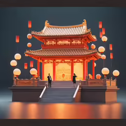 an asian building has lanterns in the sky