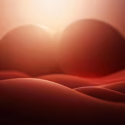the painting depicts a red sunrise over a desert