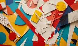 different colored abstract art pieces spread across a large piece of paper