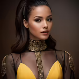 beautiful woman with golden necklace in a black and gold outfit