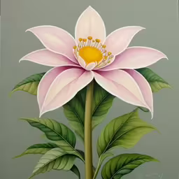 a large white flower with green leaves and bud,a painting of a pink flower with large green leaves