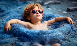 the child is in the water laying on her stomach wearing sun glasses