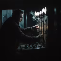 a man looking through a machine thats turning on