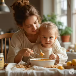 a mother eating cereal and sitting at a dining table with her daughter