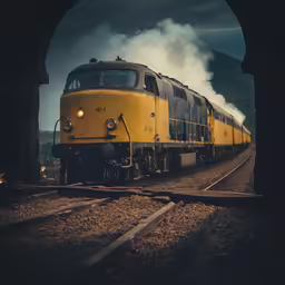 a yellow train coming down the tracks into the station
