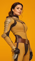 woman in an orange and black cosplay posing with a sword