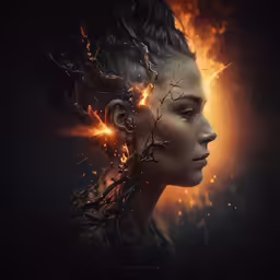 the portrait of a woman with fire in her hair