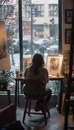a person sitting in front of a window with pictures on the desk