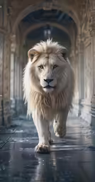 a white lion walking down an empty hallway