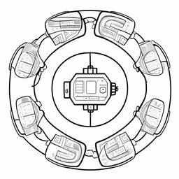 a circular drawing shows the table and cars on the road,a drawing of a car in an overhead view