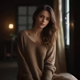 a woman in a sweater poses for a photo