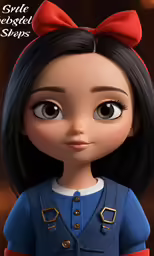 the girl with blue dress has a red bow