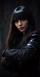 a woman in black leathers and gloves with her arms crossed