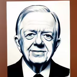 a black and white drawing of a smiling man