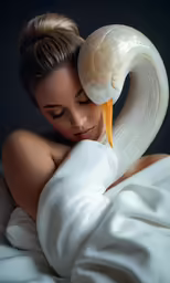 a woman that is laying down in a bed with her head on a swan