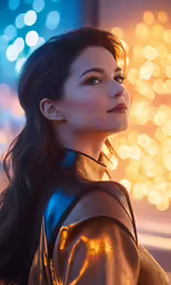 a young woman standing next to a building and looking off to the side