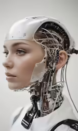 a robot with headphones is looking to its left