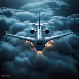 the large airplane is in the sky among the clouds