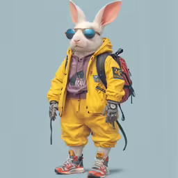 a rabbit wearing sunglasses is posed in yellow