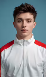 a young man poses for a photo in a white jacket