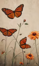 several orange butterflies and two flowers on a wall