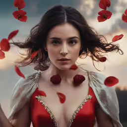 a woman in a dress surrounded by petals