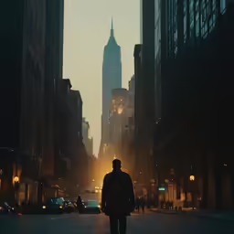 a man walking across a street at sunset