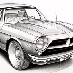 an old muscle car is drawn in black and white,an old classic american muscle car with a hood up