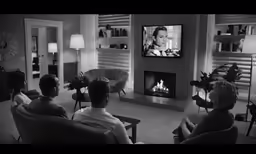 two men and two women are watching television in the living room