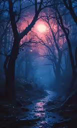 a stream in a mysterious area with trees on both sides