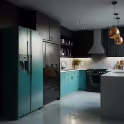 a black kitchen with a marble counter top