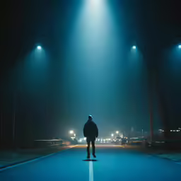 a man standing alone on the side of an empty road