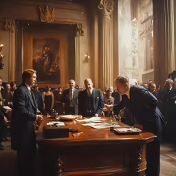 two men shaking hands over a signed document on a table
