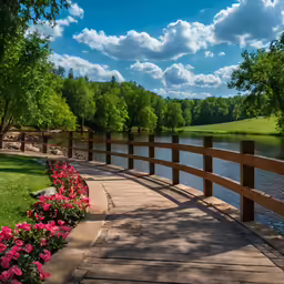 a wooden bridge that has flowers in the front