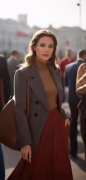 a woman is dressed in a brown sweater and red pleated skirt, standing outdoors